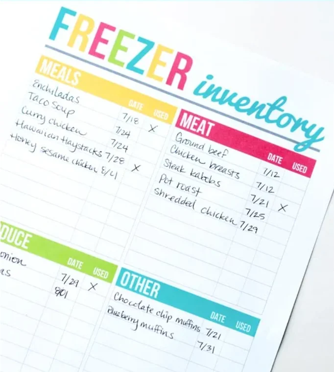 freezer inventory in classic fonts with categories for meals, meat, produce, and other