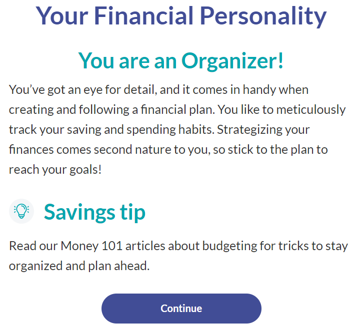 SaverLife results showing a financial personality of "organizer", earning 300 points