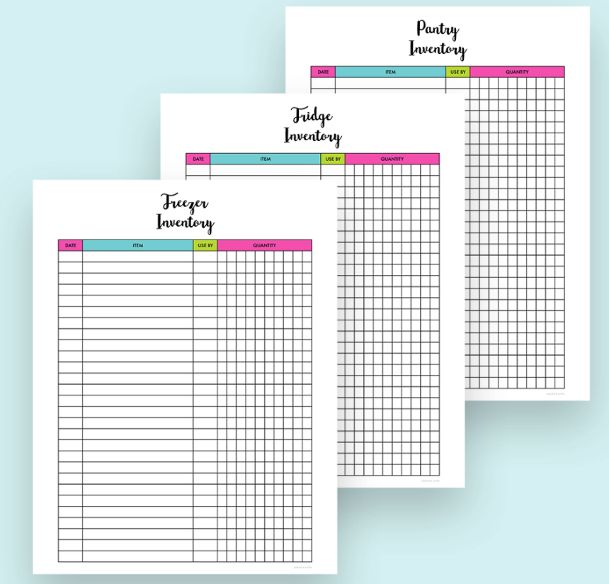 set of three fridge, pantry, freezer inventory sheets on robin-eggshell-blue background