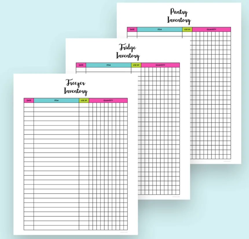 set of three fridge, pantry, freezer inventory sheets on robin-eggshell-blue background