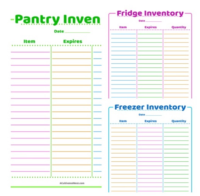 purple, green, yellow, and blue-lined kitchen inventory sheets