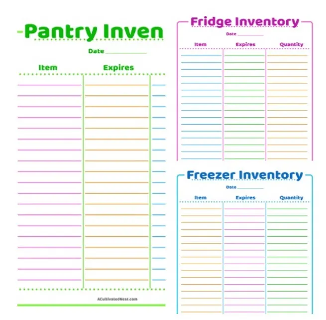 purple, green, yellow, and blue-lined kitchen inventory sheets