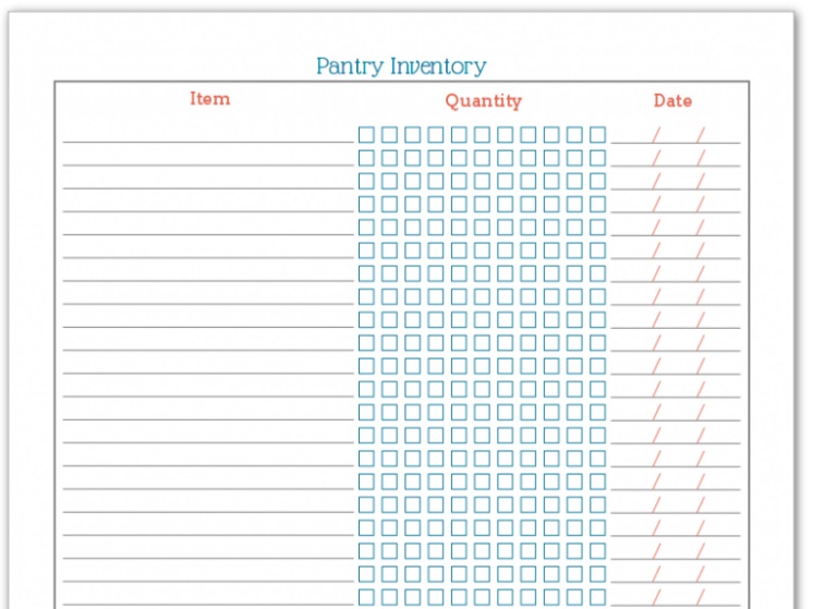 white pantry inventory printable with blue boxes and red font