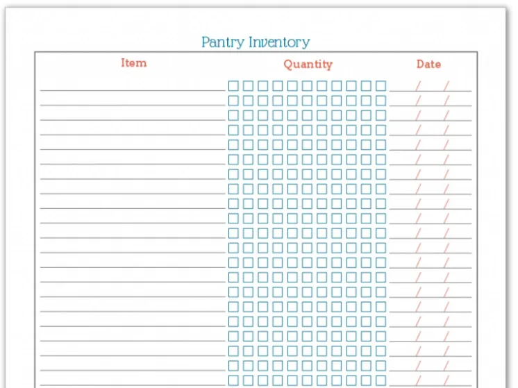 white pantry inventory printable with blue boxes and red font