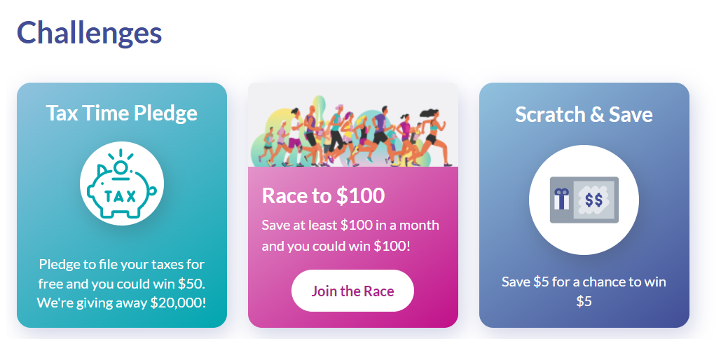 saverlife challenges, including tax time pledge, race to $100, and scratch and Save