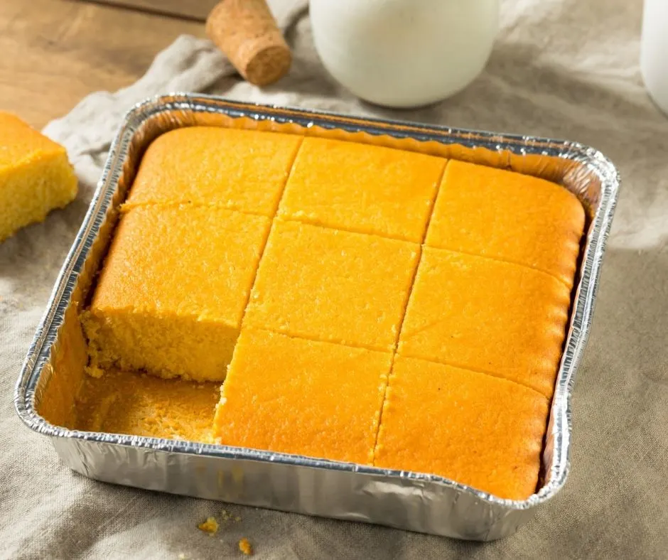 foil pan of cornbread on burlap bag