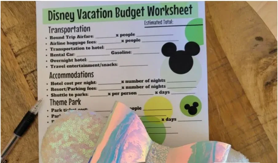 Disney vacation budget worksheet on wooden table