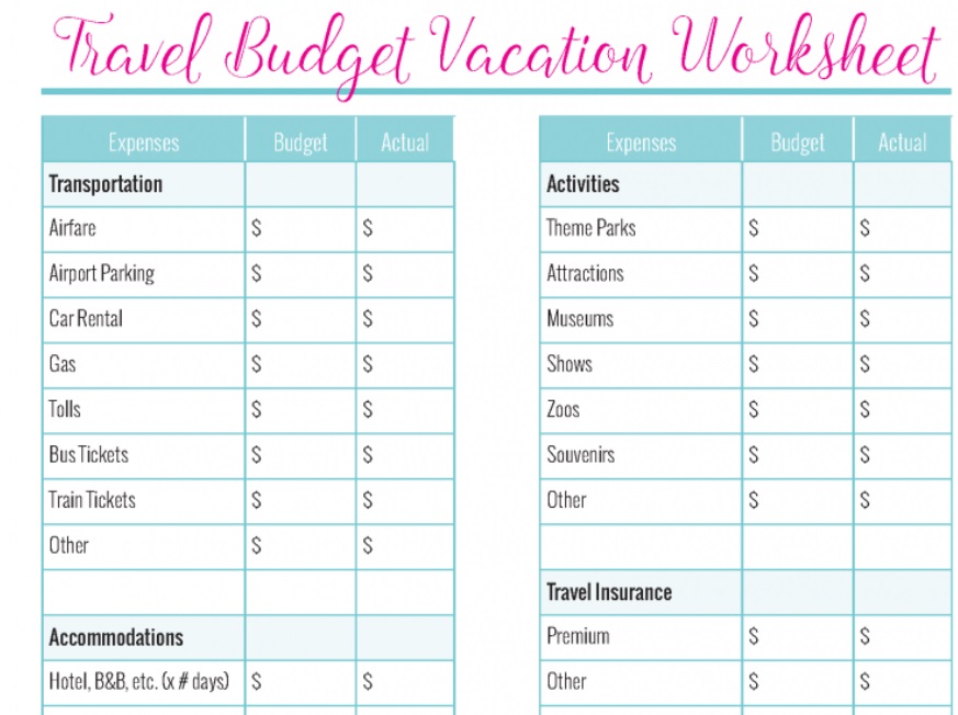 travel budget planner with pink font and blue boxes