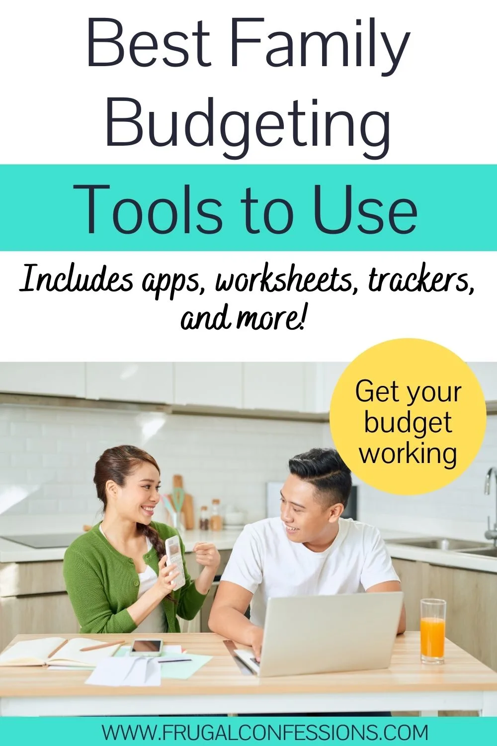 young couple at table with laptop, girl holding up calculator and smiling, text overlay