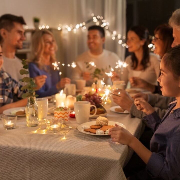 Saturday family dinner date with lights strung up all around