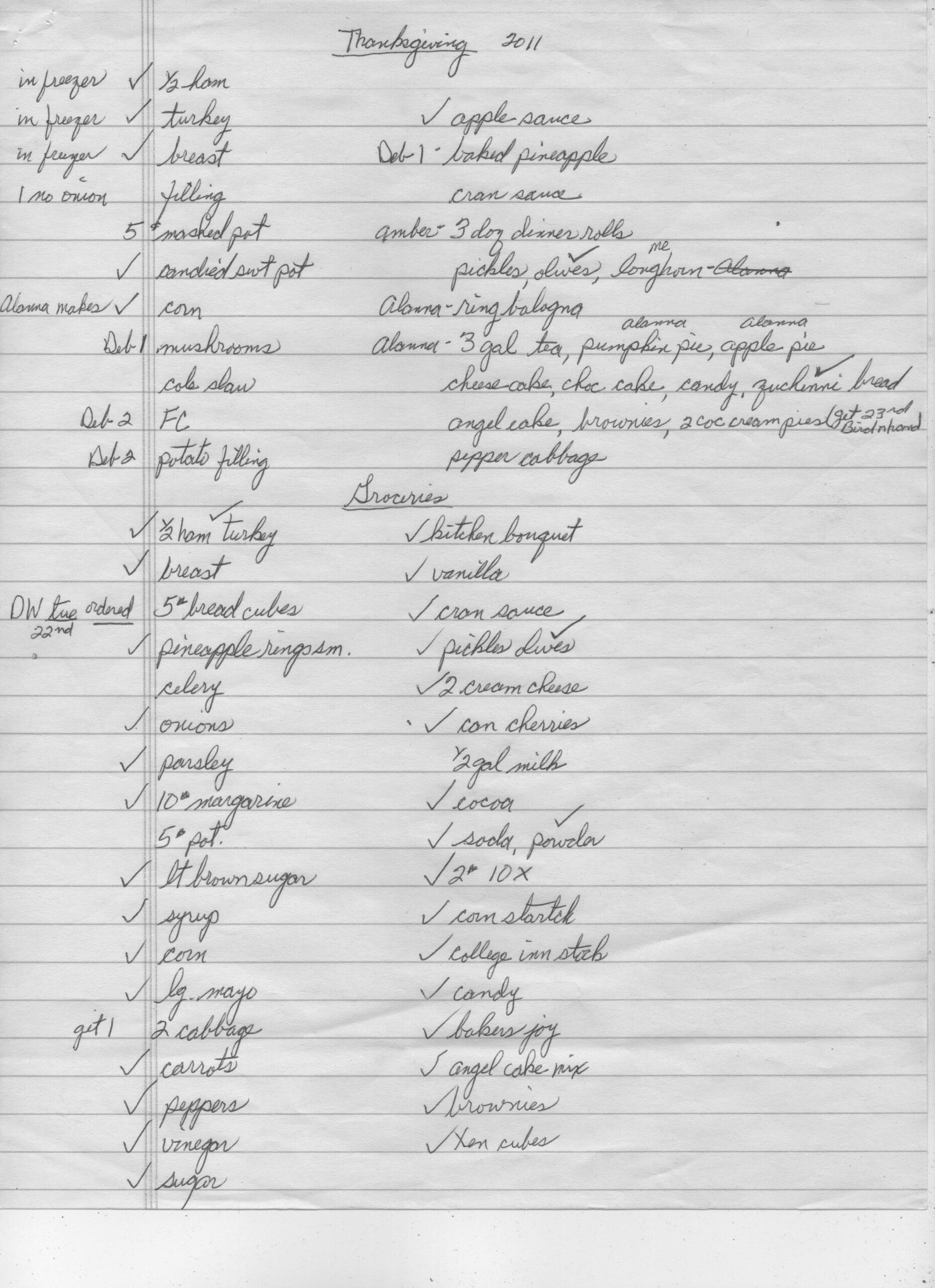 handwritten details of ingredients to buy and what recipes will be made for Thanksgiving 2011
