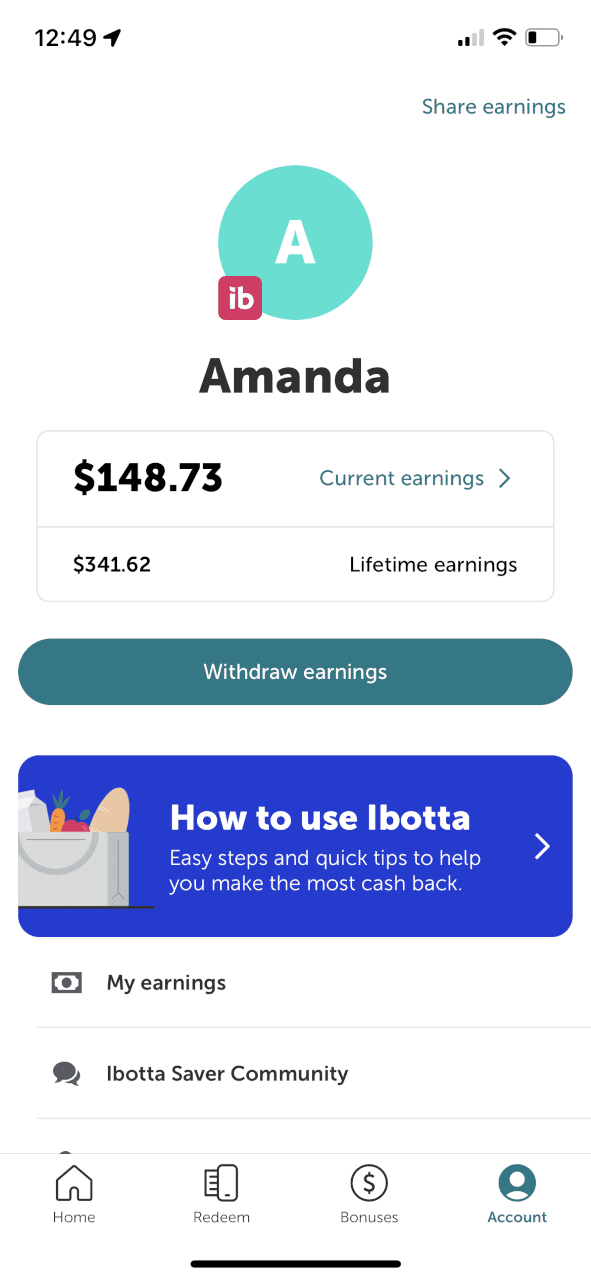 ibotta app dashboard showing $148.75 in current earnings and $341.62 in lifetime earnings