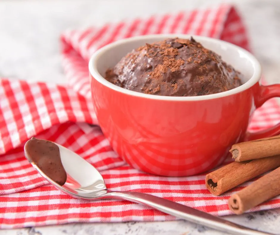 chocolate and cinnamon mug cake in red mug on red checkered tablecloth