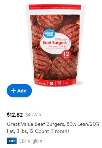 bag of 100% beef burgers from Walmart