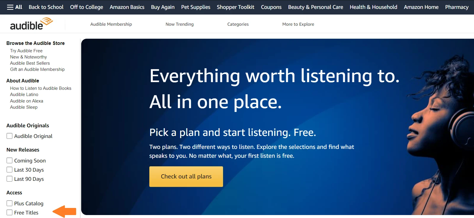 amazon audible frontpage with leftside bar arrow pointing to "Free Titles" checkbox