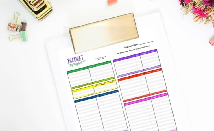 budget by paycheck worksheet with purple, red, pink, green, yellow, and blue header rows