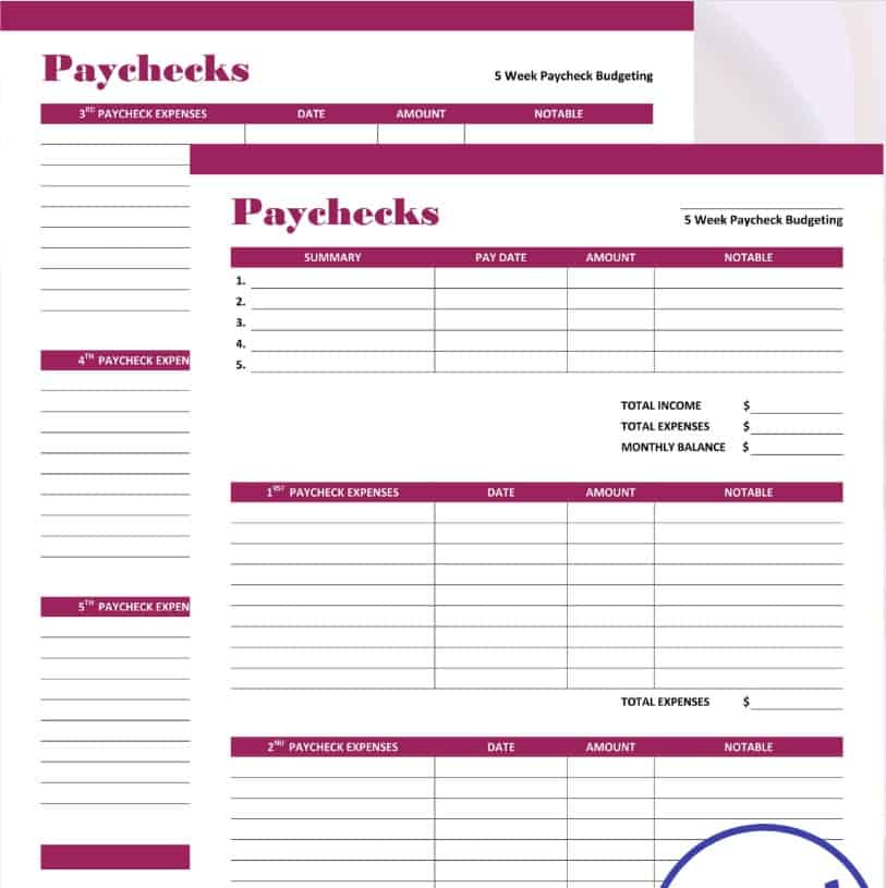 burgundy colored 5 week paycheck budgeting worksheet