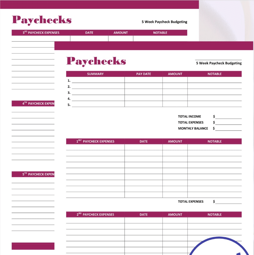 burgundy colored 5 week paycheck budgeting worksheet