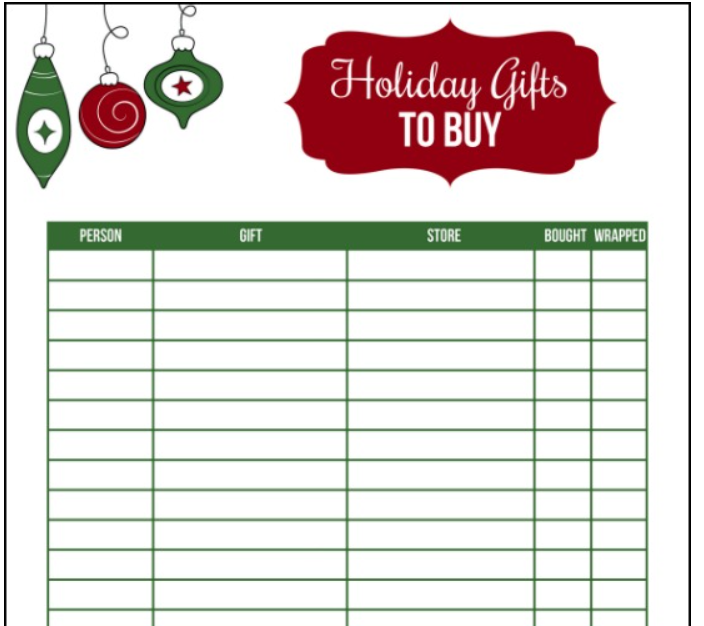 Holiday gifts to buy printable with three green and red ornaments at the top
