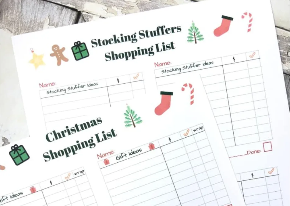 mostly white two page CHristmas shopping list including stocking stuffer with small Christmas icon images at top