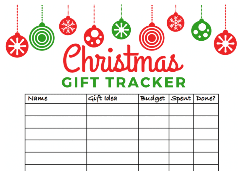 red and green ornaments hanging from top of Christmas gift tracker printable