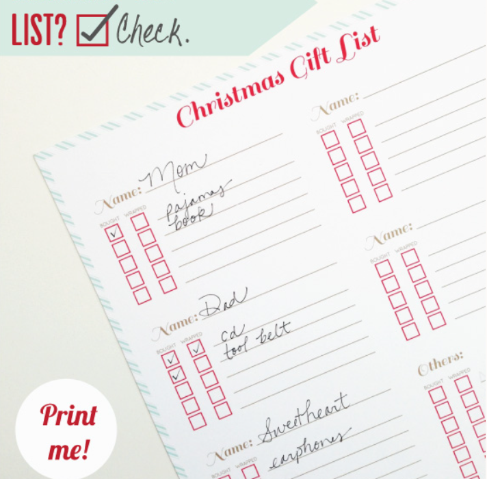 blue stripes on outside and red boxes Christmas gift list printable