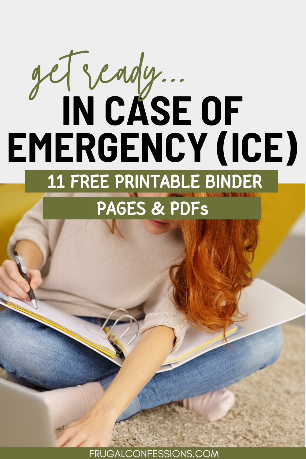 woman working through in case of emergency (ICE) family emergency binder on floor