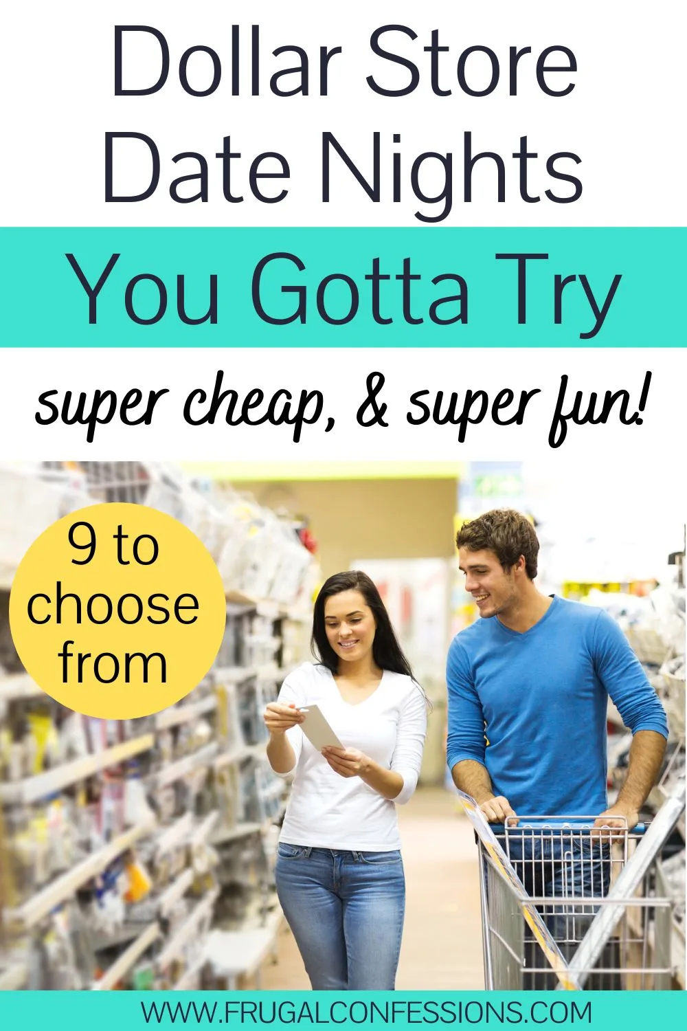 woman and man with list having fun at Dollar Store, text overlay "dollar store date nights"
