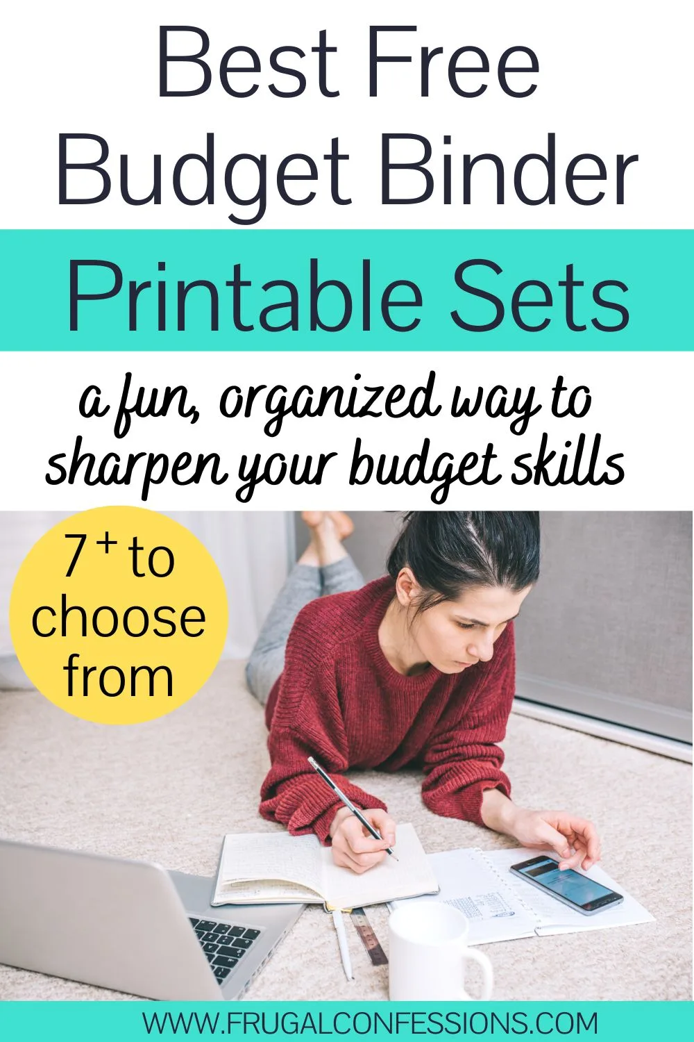 woman in auburn sweater working on floor, text overlay "best free budget binder printable sets"
