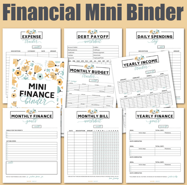mini finance budgeting printables on yellow background
