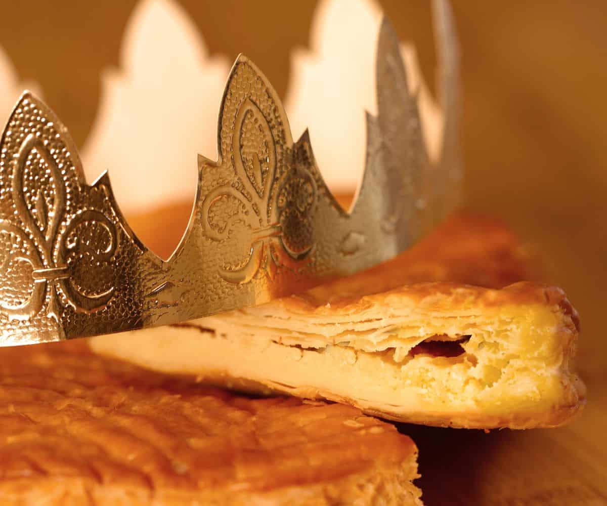 Galette des Rois cake with golden pretend crown on top