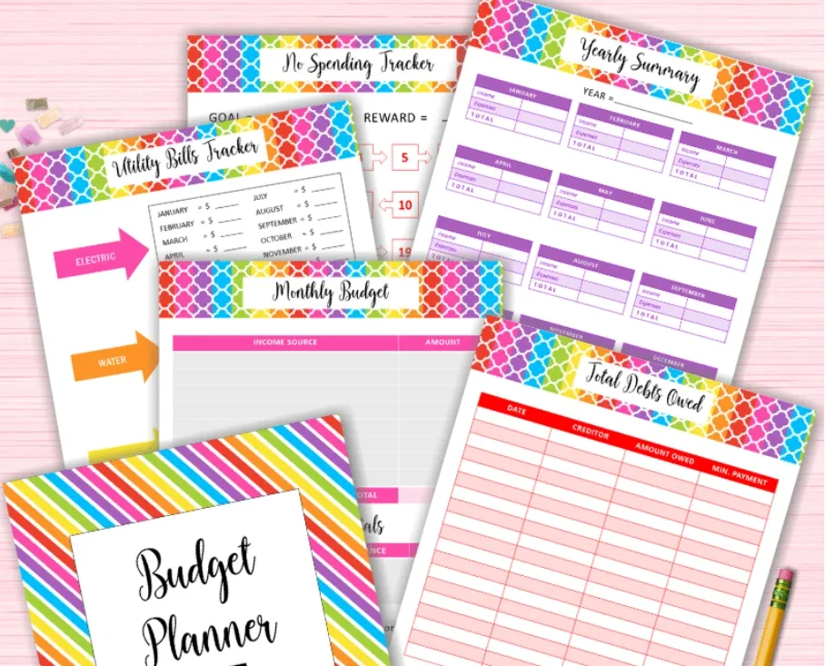 rainbow colored headers on budget binder printables