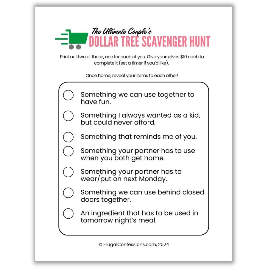 Dollar Tree Scavenger Hunt PDF with shadowing