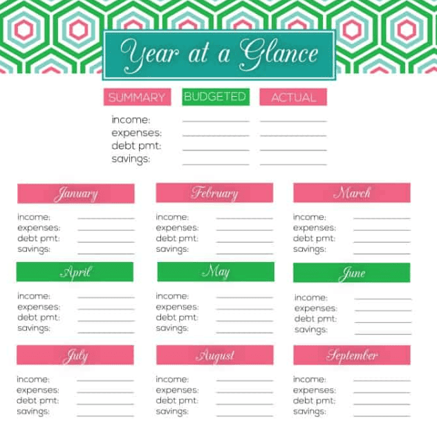 year at a glance financial worksheet in green, blue, and pink colors