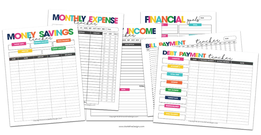 budgeting printables with colorful headers, flatlay