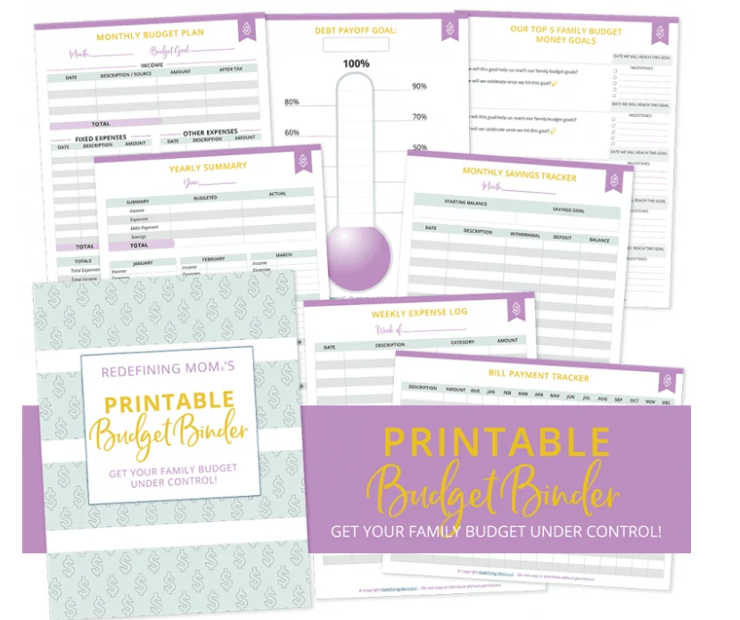 light purple, teal, and yellow budget planner PDFs flatlay