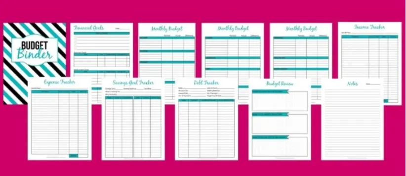 flatlay of budgeting binder printables, teal and white, with teal, white, and black striped cover
