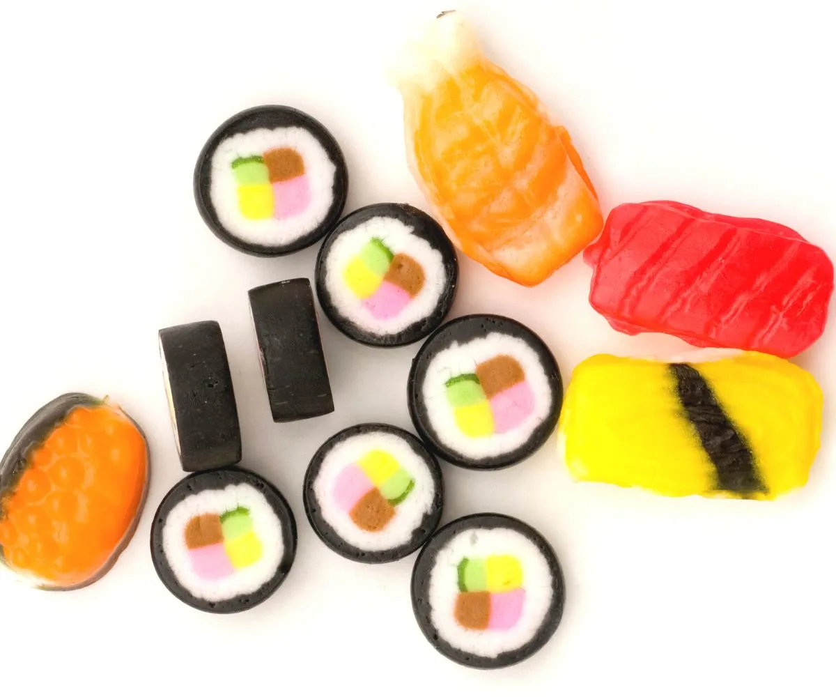 colorful candy sushi on a white background