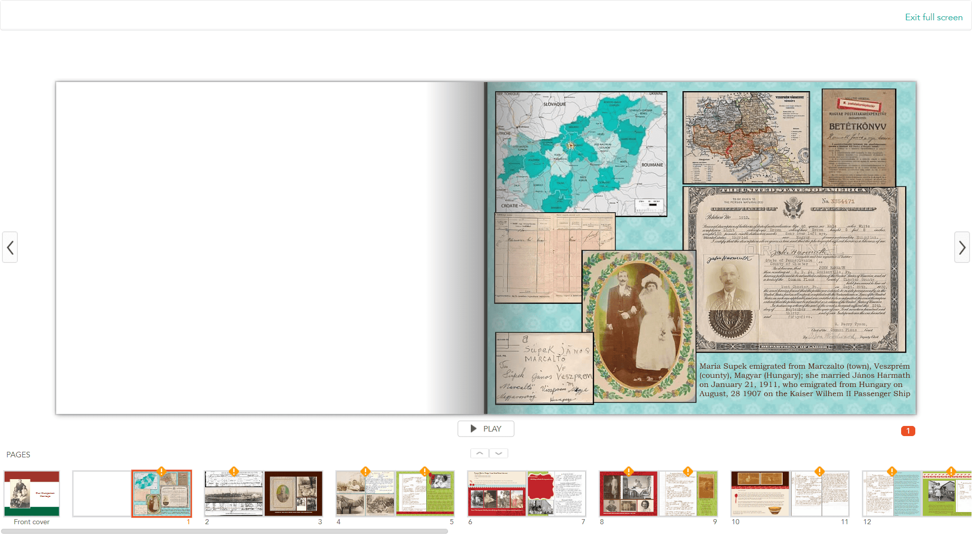 shutterfly book flatlay showing marriage certificate and photo, postcard with address, map of Hungary, etc. 