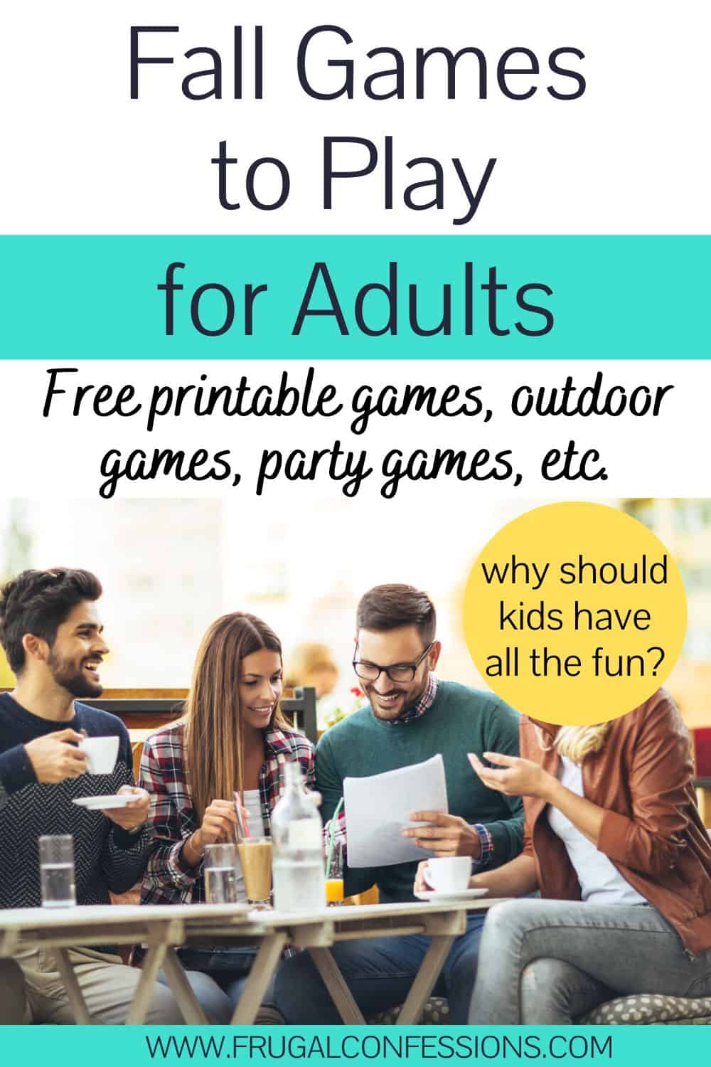 group of adult friends playing fall printable game at table, text overlay "fall games to play for adults"
