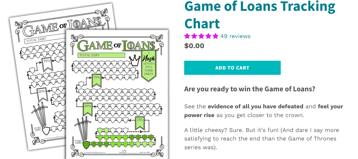 flatlay of Game of Loans debt payoff printable with a medieval, Game of Thrones theme