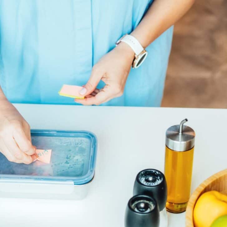 woman in blue shirt filling lunch container with dollar tree lunchables