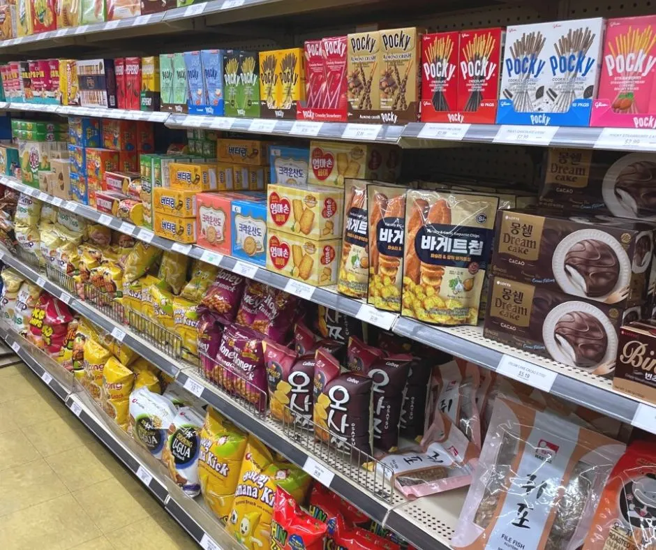 aisle of colorful Asian snack foods