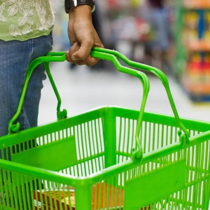 woman carrying dollar tree green food basket in store