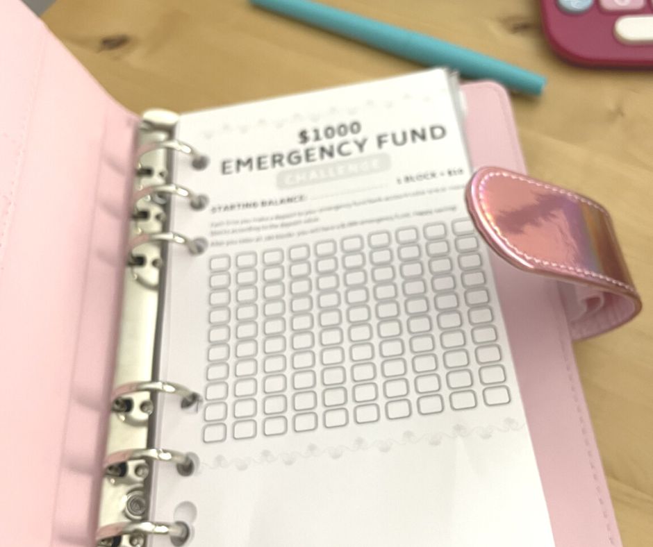 $1000 emergency fund free printable in pink A6 binder