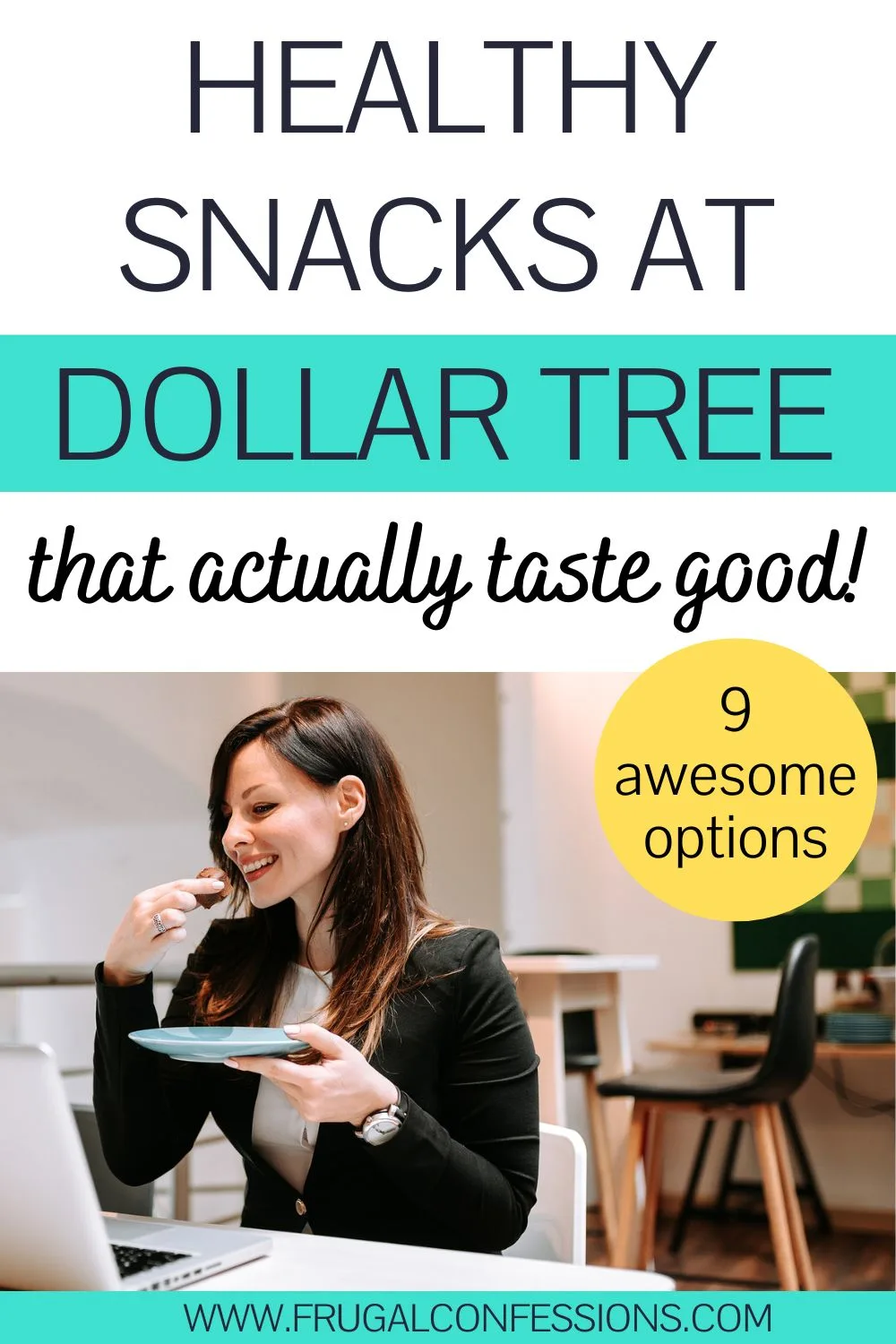 woman at desk eating snack, text overlay