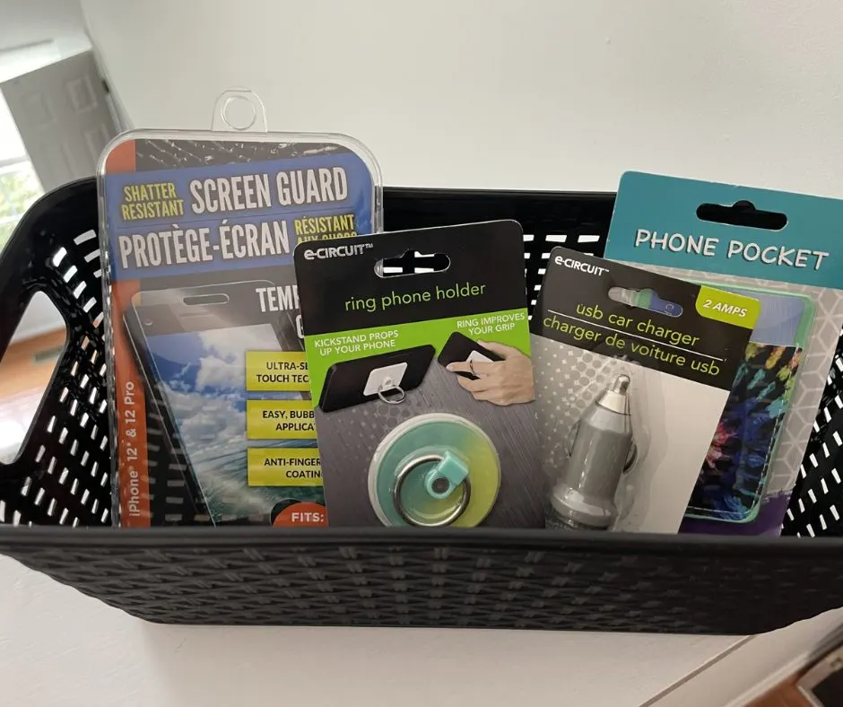 black storage basket with phone pocket, screen guard, ring phone holder, etc.