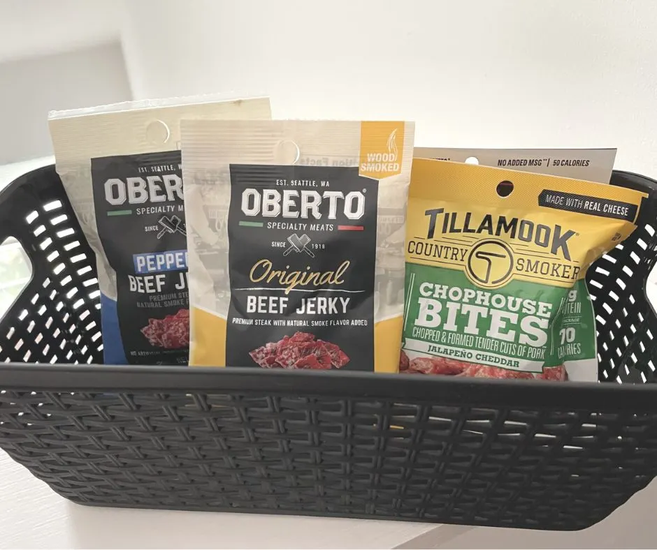 black basket full of gourmet jerkies