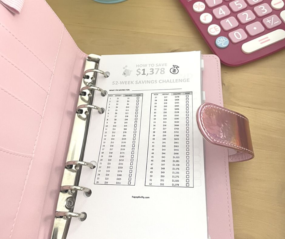 $1,378 52-week savings challenge free printable in pink A6 binder