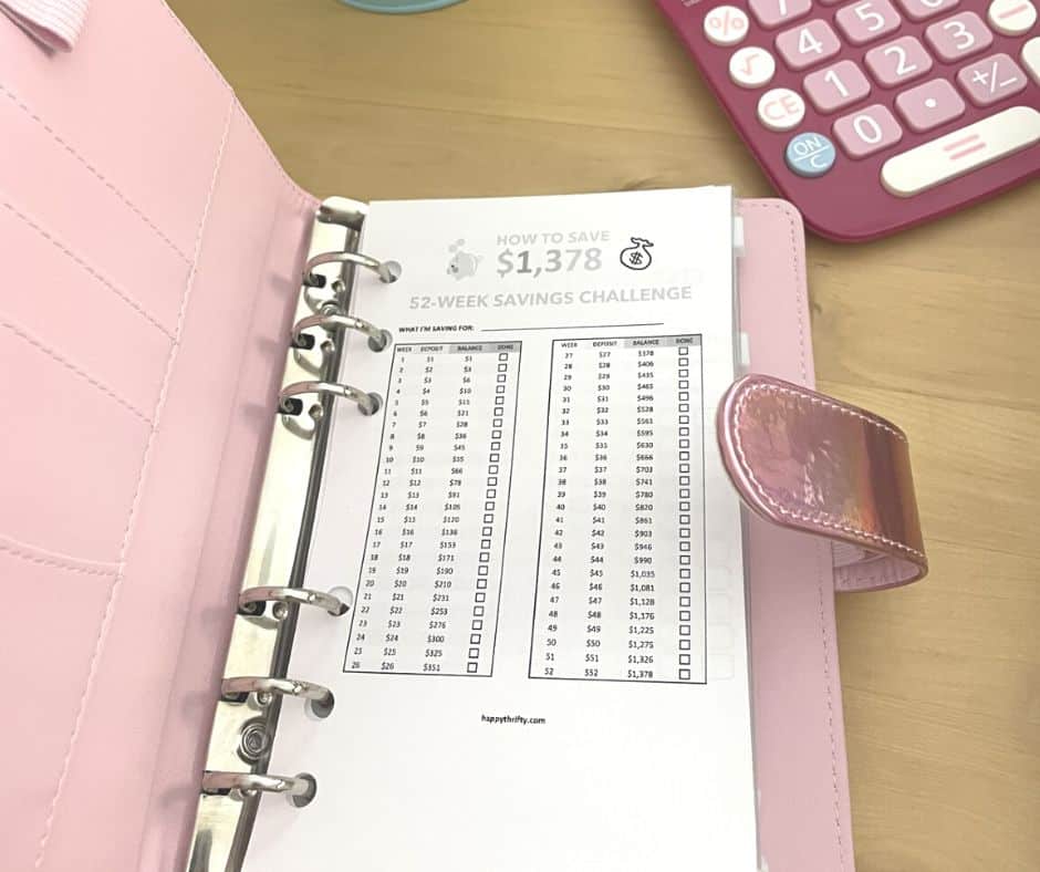 $1,378 52-week savings challenge free printable in pink A6 binder